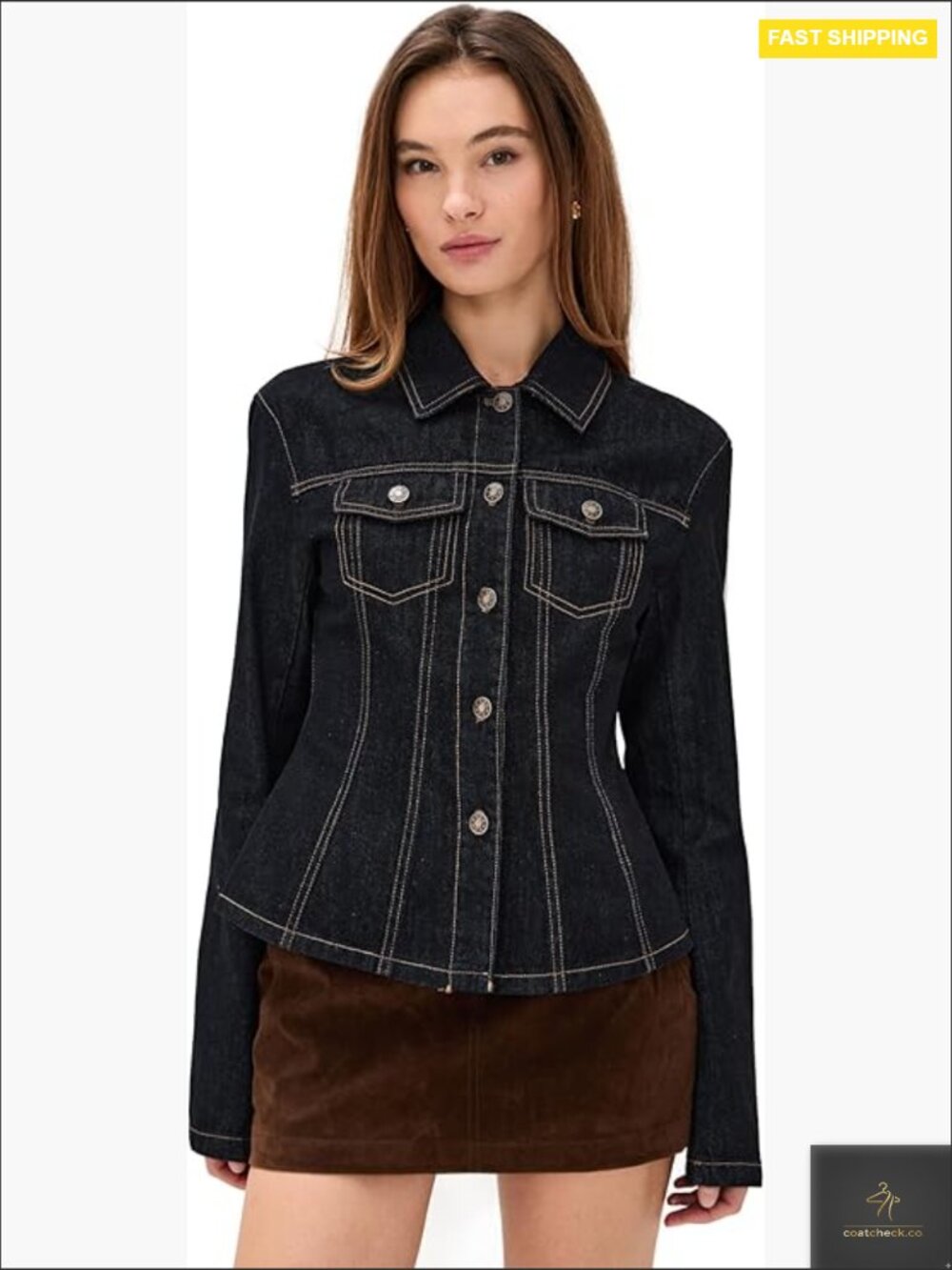 Slim Fit Denim Jacket Classic Rider Style Bustier Seams Button Placket